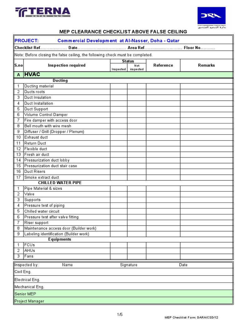 HVAC Inspection Checklist for MEP | PDF | Duct (Flow ...