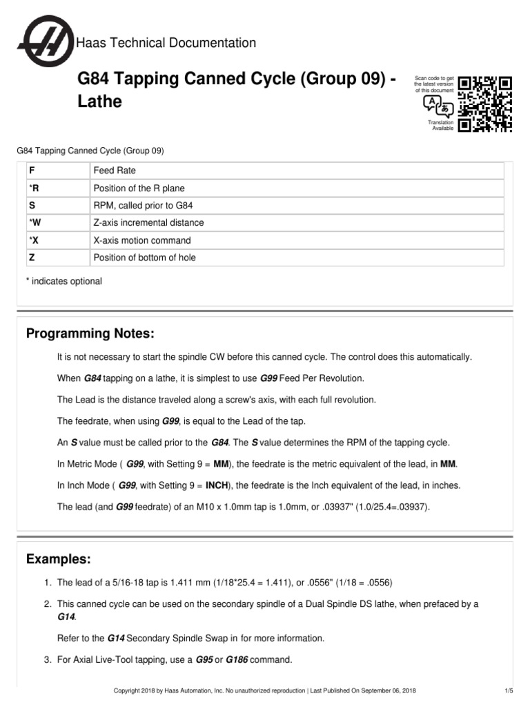 G84 Tapping Canned Cycle (Group 09) Lathe Haas Technical Documentation PDF Metalworking