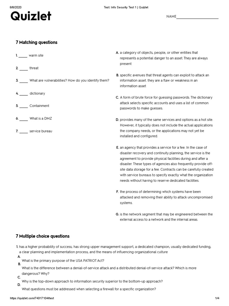 Test - Info Security Test 1 - Quizlet | PDF | Firewall (Computing ...