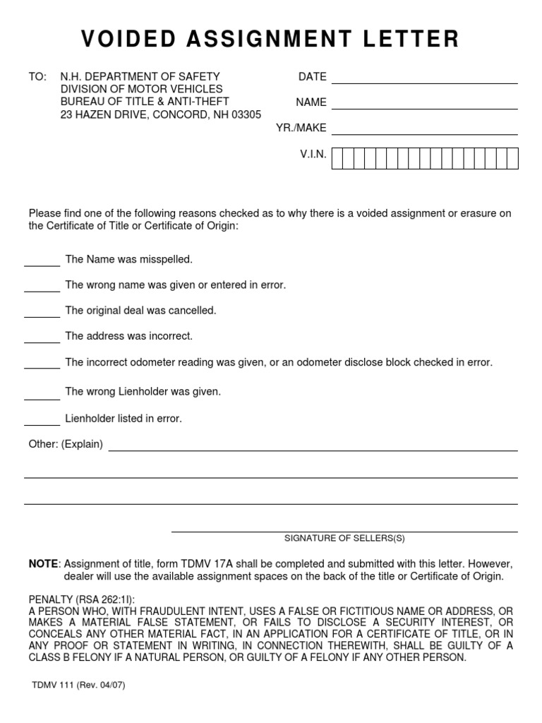 NH Voided Assignment Letter Form | PDF