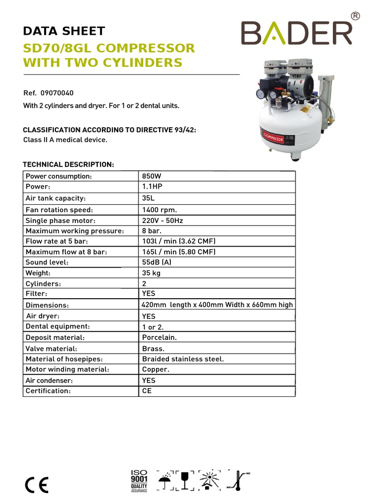 Dental Air Compressor SD70/8GL Specs | PDF | Science & Mathematics