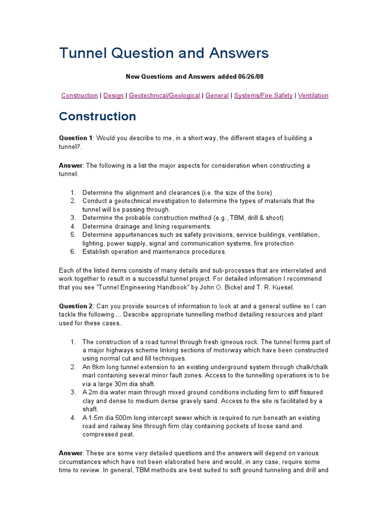 Tunnel Question and Answers PDF Tunnel Fault (Geology)