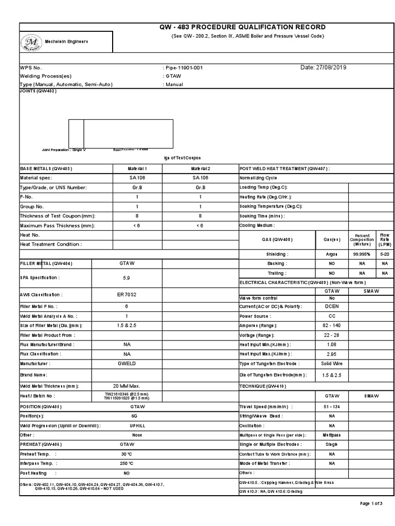 QW - 483 Procedure Qualification Record: Wps No. Welding Process (Es ...