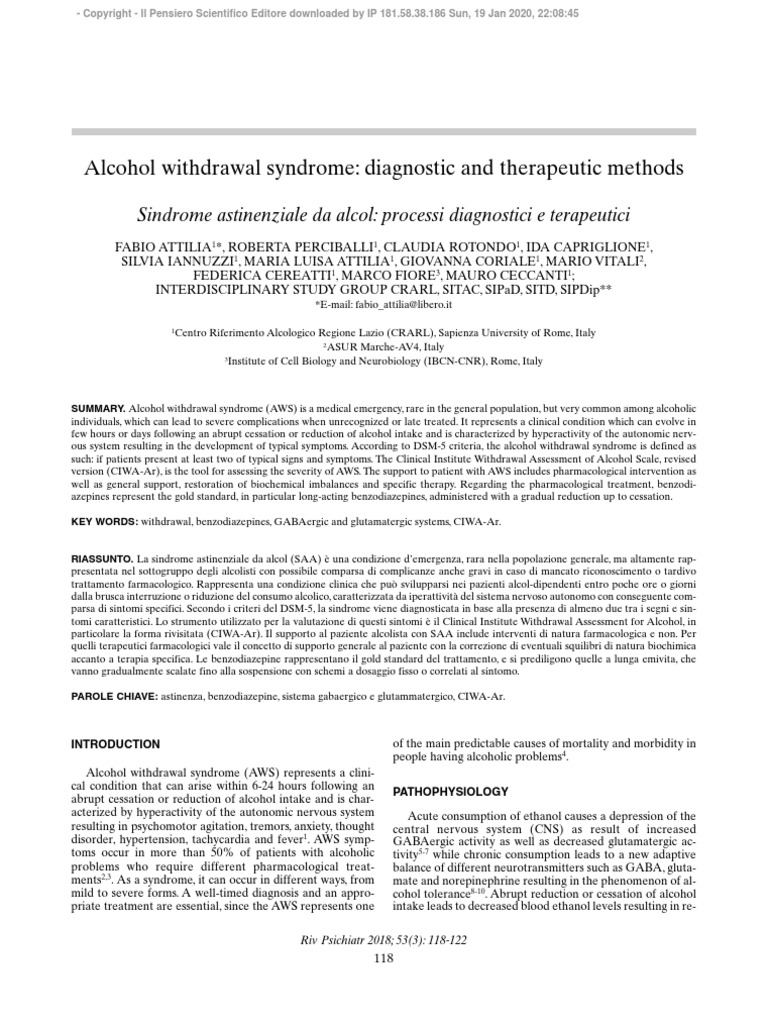 Alcohol Withdrawal Syndrome Diagnostic and Therapeutic Methods PDF