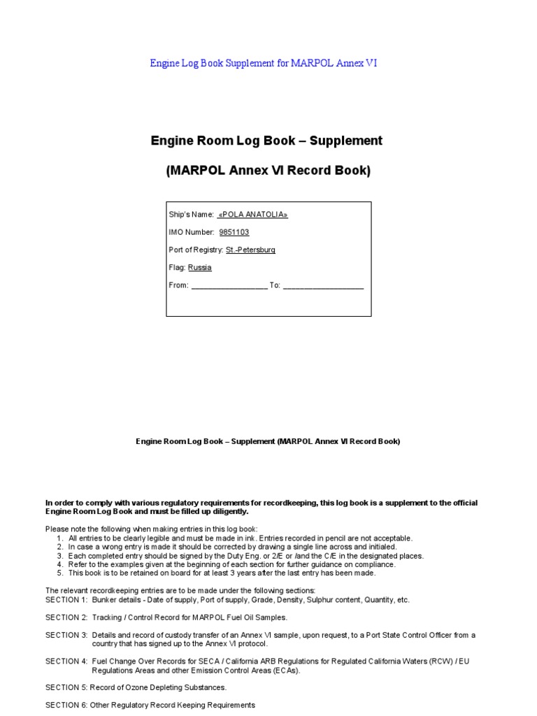Engine Room Log Book (Marpol Annex VI Rec Bok) PDF Fuel Oil Transport
