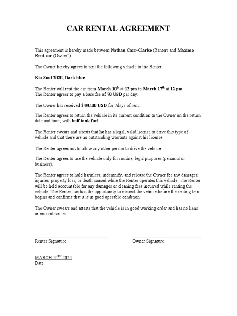 Car Rental Agreement | PDF | Law for Free Printable Car Rental Agreement