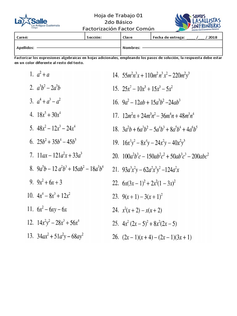 2do Basico Hojas de Trabajo Factorización Factor Comun | PDF ...
