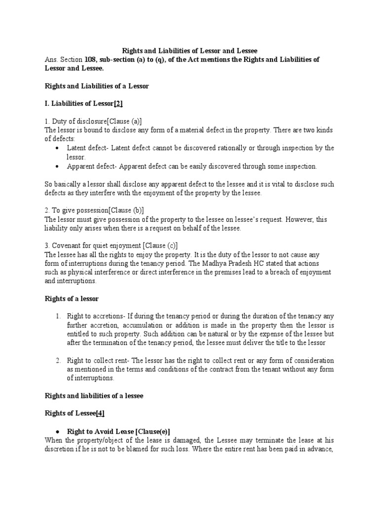 Rights and Liabilities of Lessor and Lessee | PDF | Lease | Leasehold ...