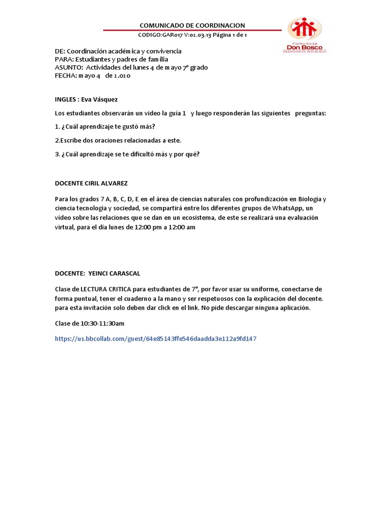 Actividades De 7 Grado Mayo4 Pdf Pdf