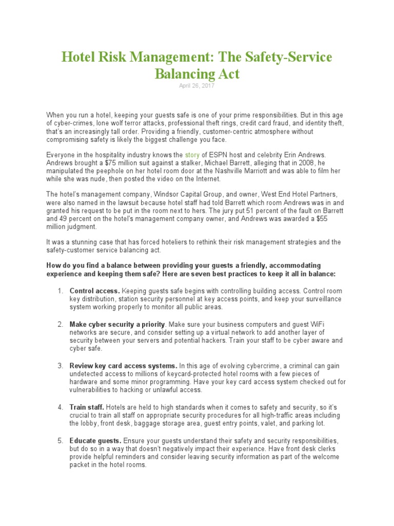Hotel Risk Management: The Safety-Service Balancing Act: Story | PDF ...