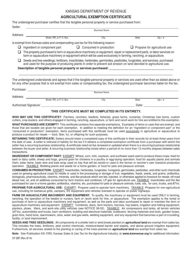 Agricultural Exemption Certificate Kansas Department of Revenue PDF Farms Agricultural
