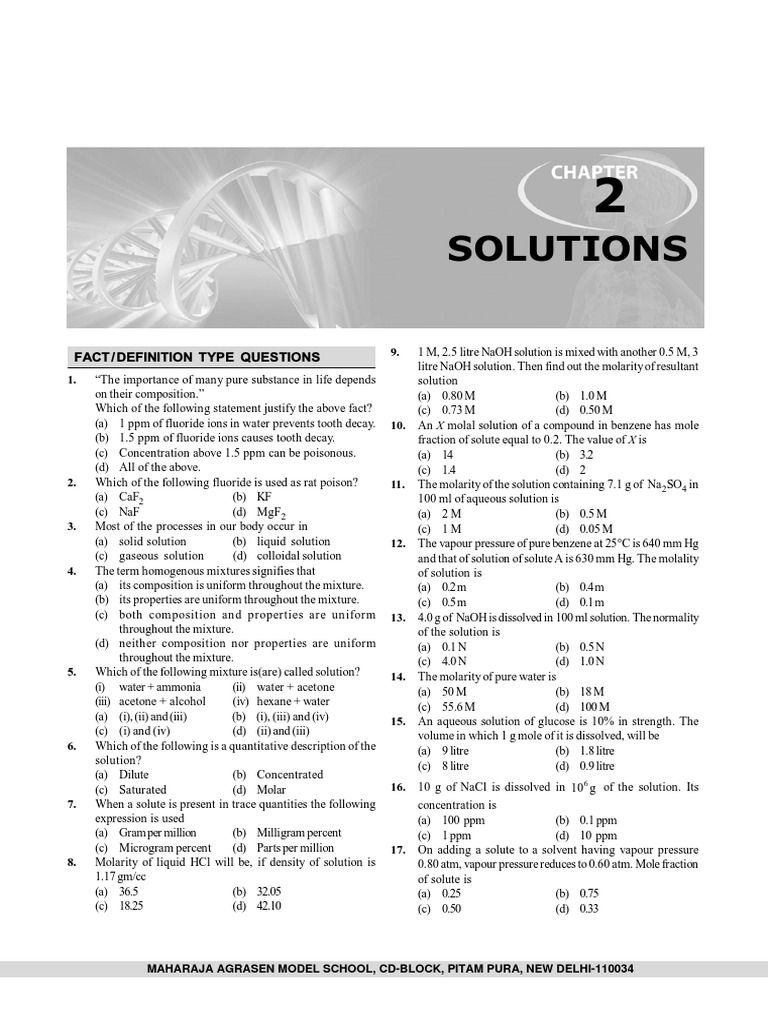 Mcq For Class 12 Chapterwise Pdf Solution Solubility