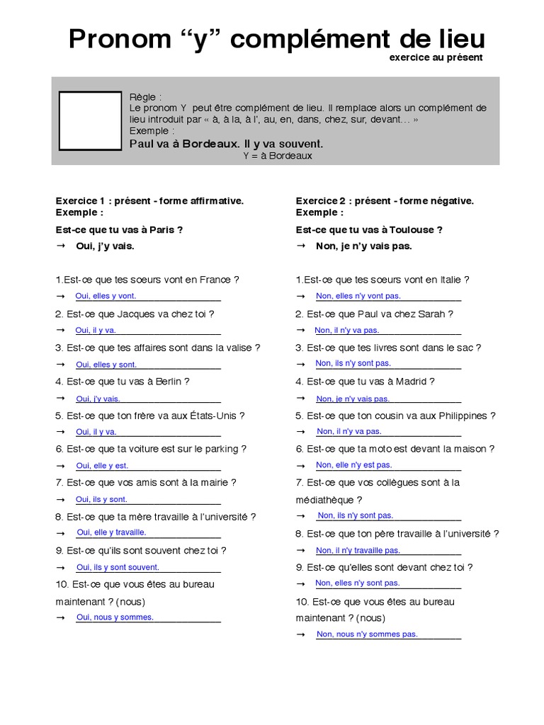 Les Pronoms En Et Y Exercices Corrigés Pdf Pronom y Complement de Lieu | PDF | Ouverture (échecs) | Théorie (échecs)