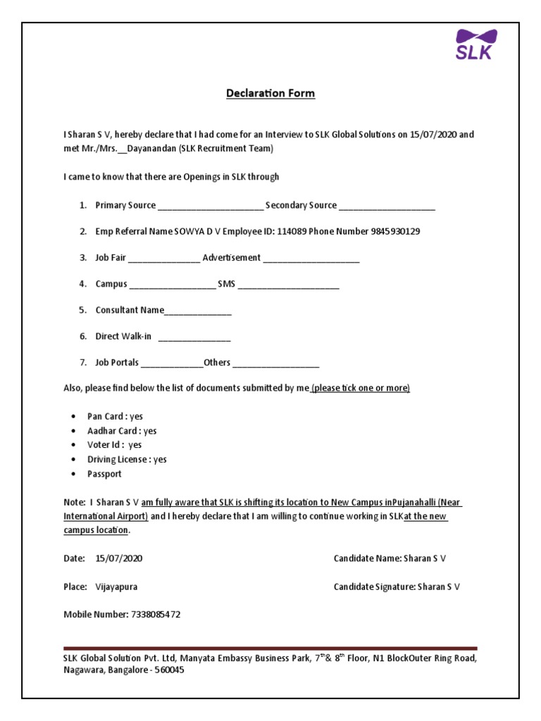 SLK Global Solutions Interview Declaration | PDF