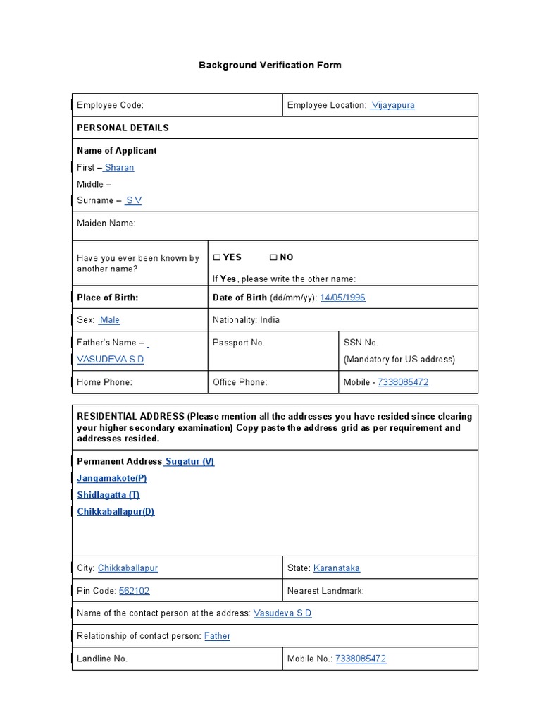 Employee Background Verification Form | PDF | Telephone Number | Employment