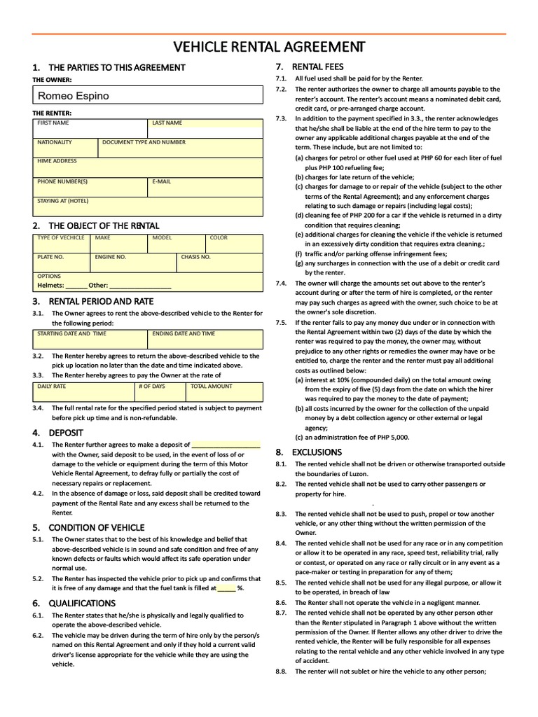 Vehicle Rental Agreement Template | PDF | Renting | Fee