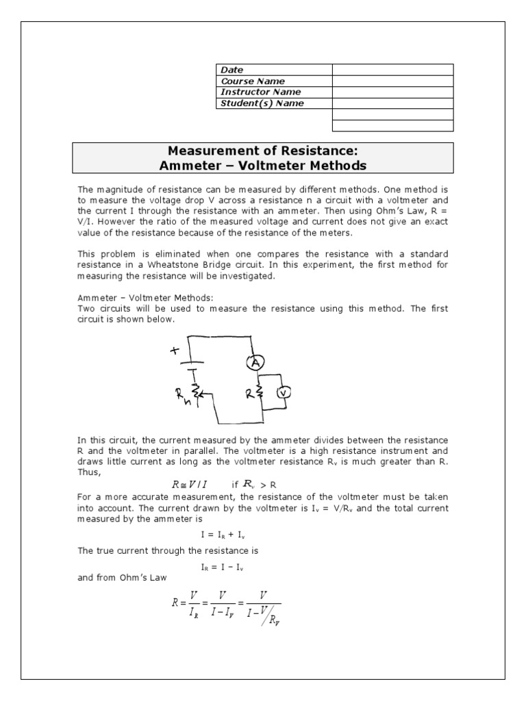 Measurement of Resistance Ammeter Voltmeter Methods Date Course