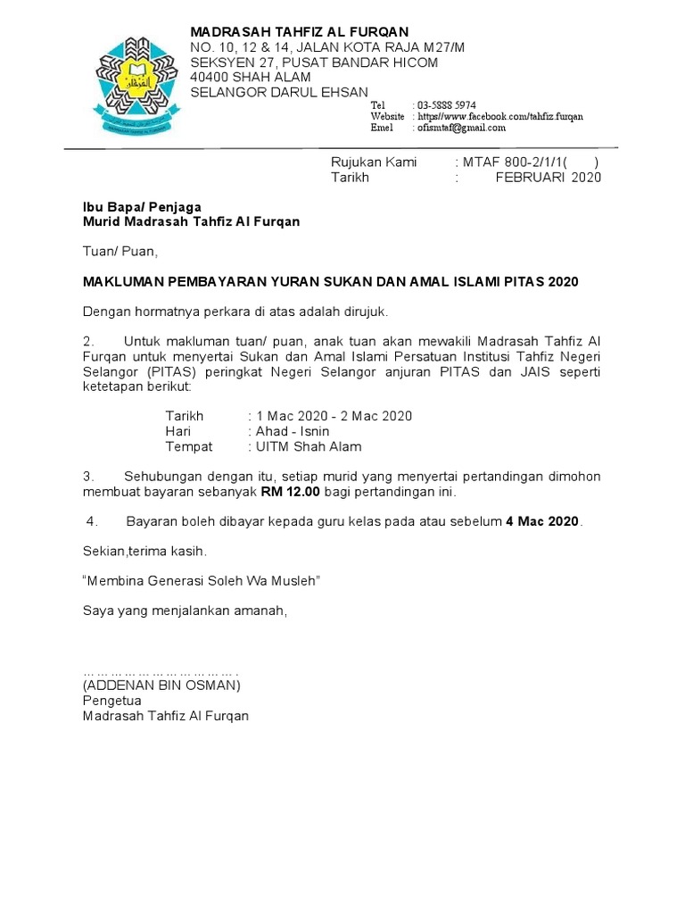 Surat Makluman Bayaran Yuran Pitas
