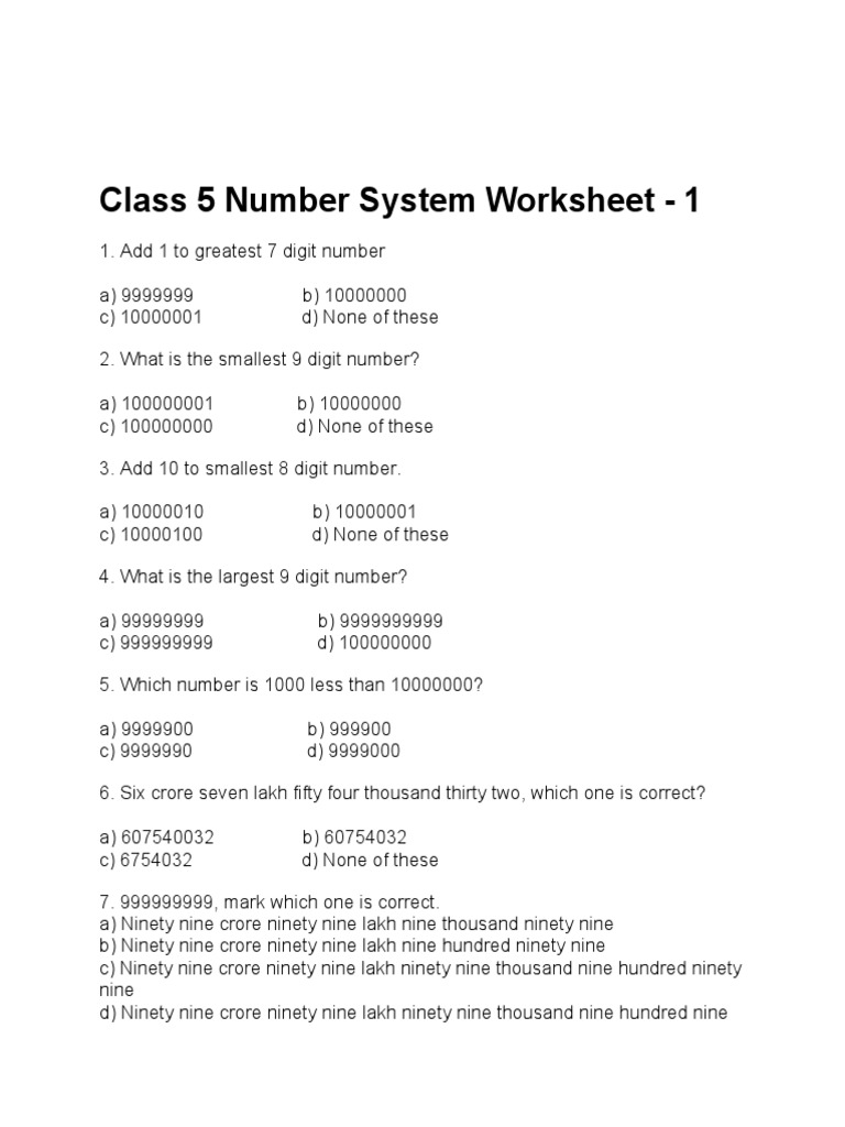 Class 5 Number System Worksheet - 1 | PDF