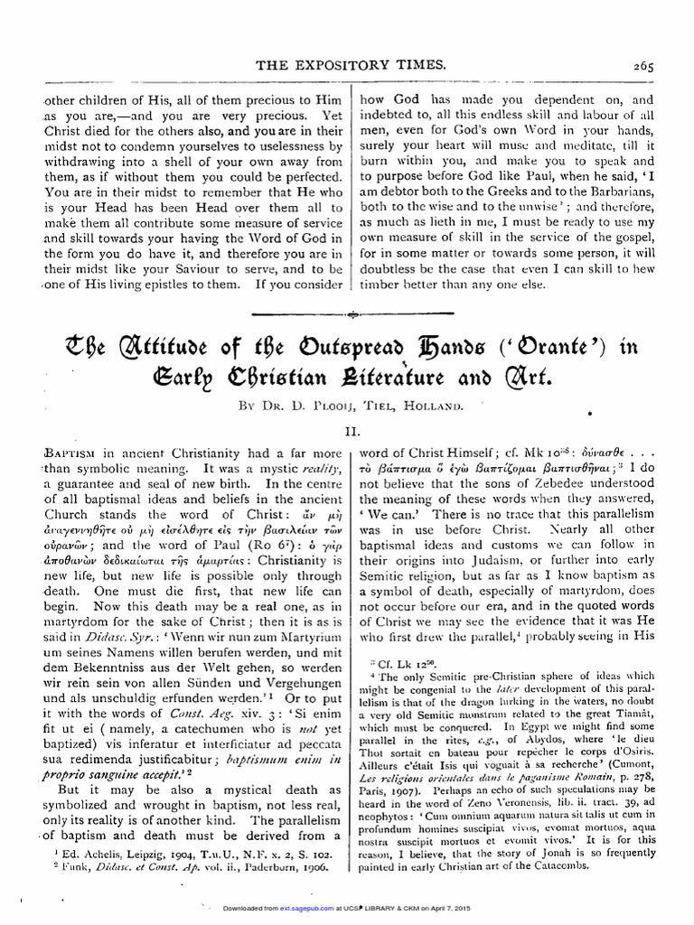 D Plooij The Attitude Of The Outspread Hands Orante In Early Christian Literature And Art 1912 Baptism Mysticism
