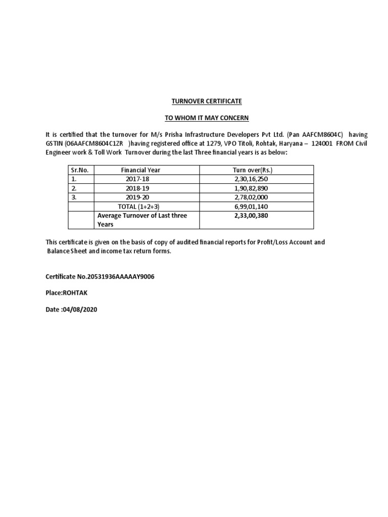 Turnover Certificate | PDF