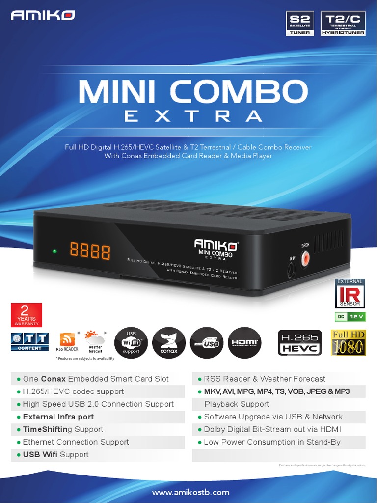 Full HD Digital H.265/HEVC Satellite & T2 Terrestrial / Cable Combo