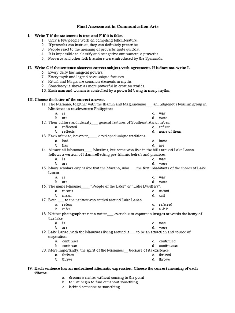 Final Assessment in Communication Arts | PDF