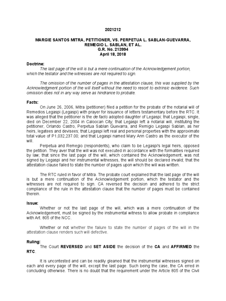 Mitra Vs Sablan Guevarra PDF Will And Testament Probate
