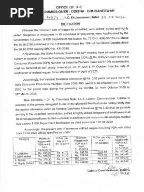 The Odisha Minimum Wages Notification 1st April 2020 | PDF