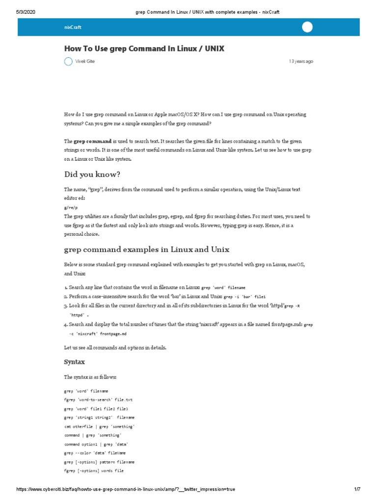 Grep Command in Linux - UNIX With Complete Examples - Nixcraft | PDF ...