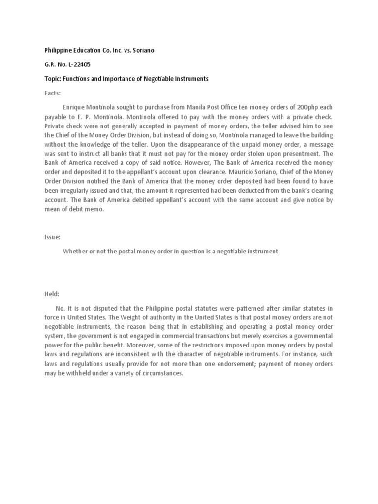 Negotiability of Postal Money Orders | PDF
