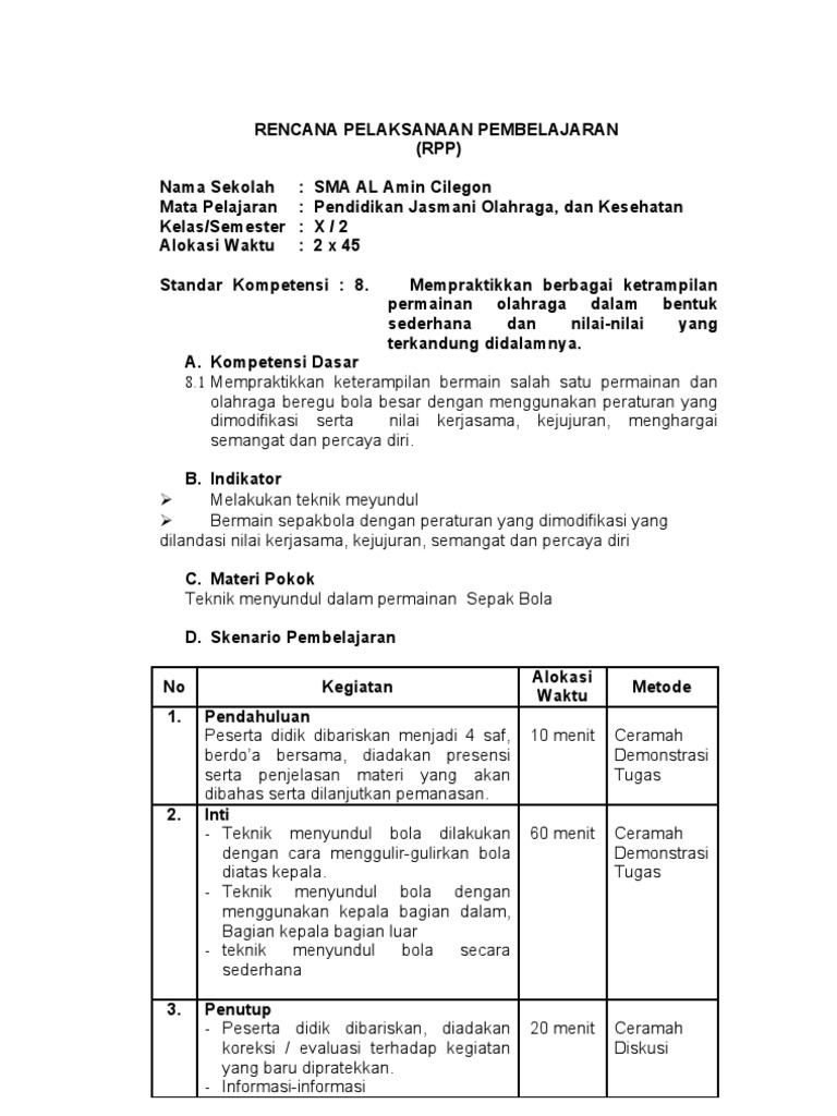 RPP Penjaskes Kelas X Semester 2