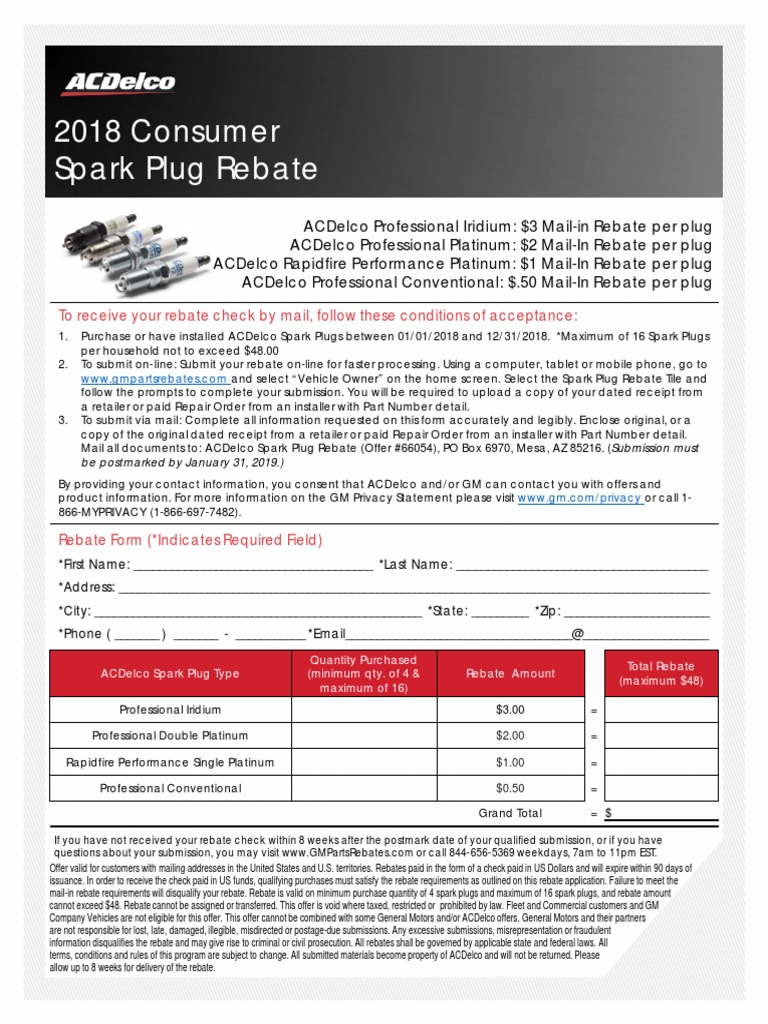 2018 Consumer Spark Plug Rebate To Receive Your Rebate Check by Mail
