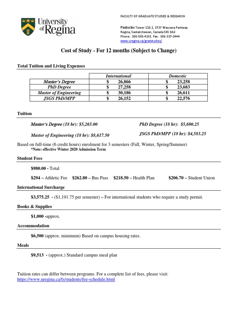 Graduate Tuition & Costs at URegina | PDF