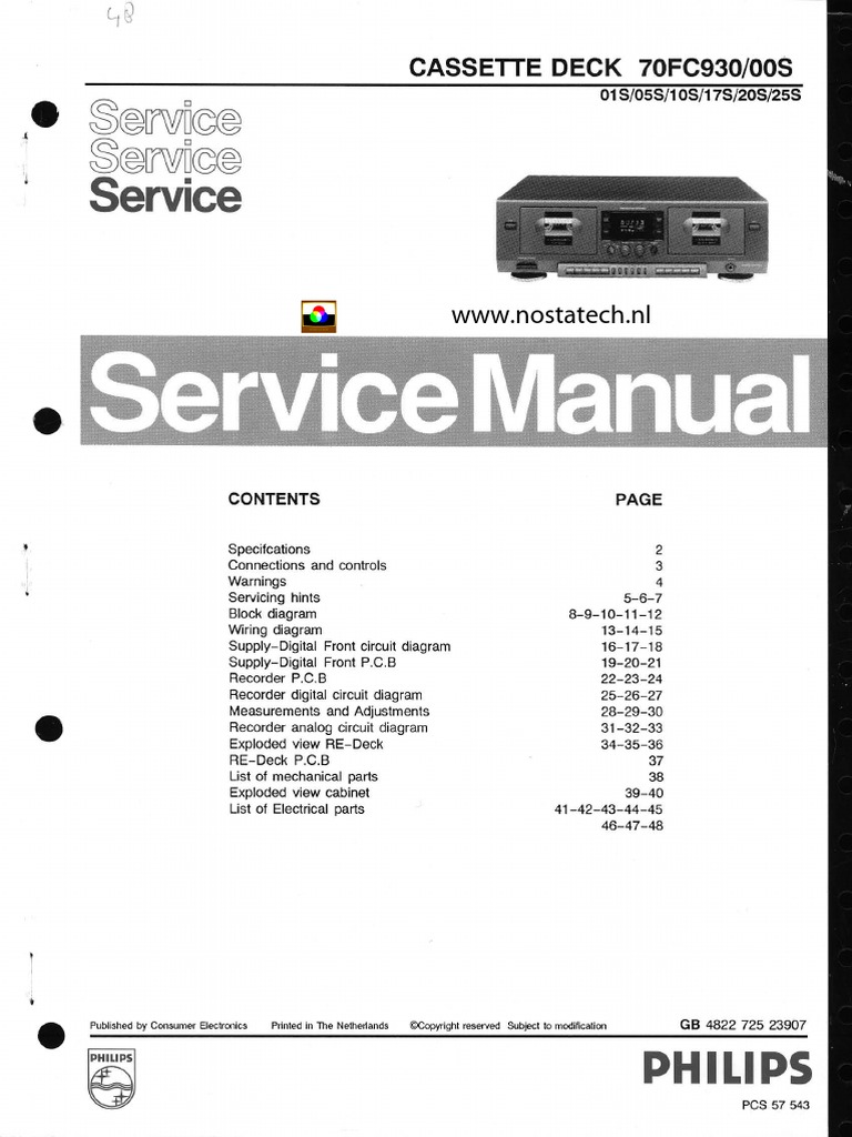 Philips 70fc930 Cassette Deck Service Manual PDF