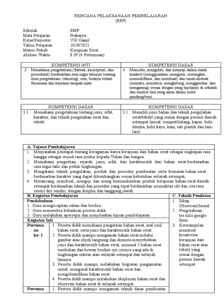 RPP Daring Prakarya Kelas 7 Kerajinan Semester 1 PDF