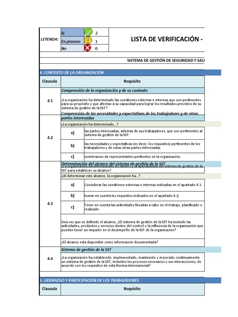 Lista de Verificación ISO 45001 Excel | PDF | Planificación | Auditoría