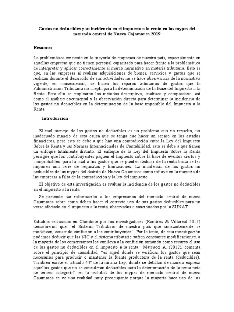 Gastos No Deducibles y Su Incidencia en El Impuesto A La Renta en Las ...