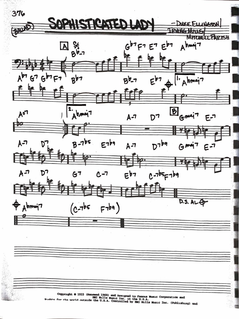 ボーカル　ビッグバンド譜面：SOPHISTICATED LADY Sophisticated Lady – Duke Ellington Sheet Music with Chords