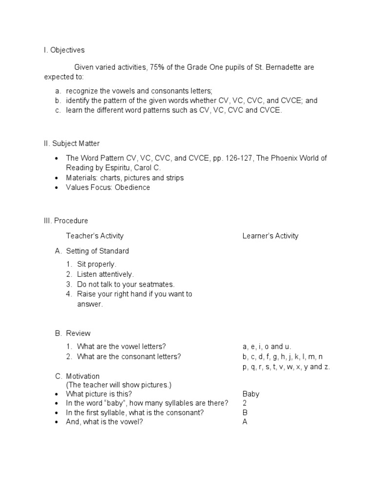 My Final Lesson Plan Consonant Syllable