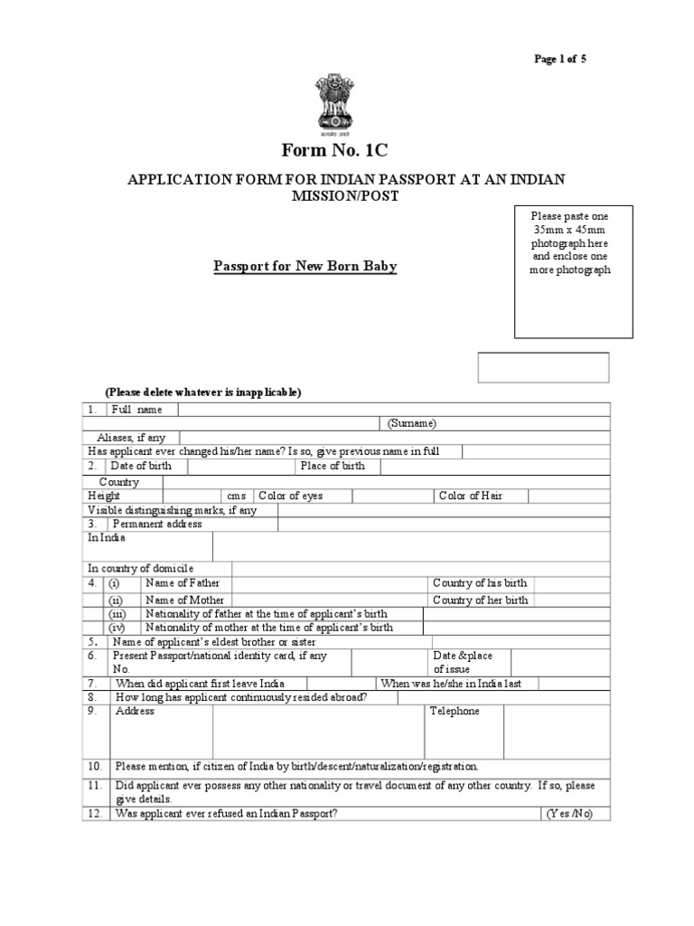 Embassy of India1C New Born Baby Passport Form PDF Passport Nationality