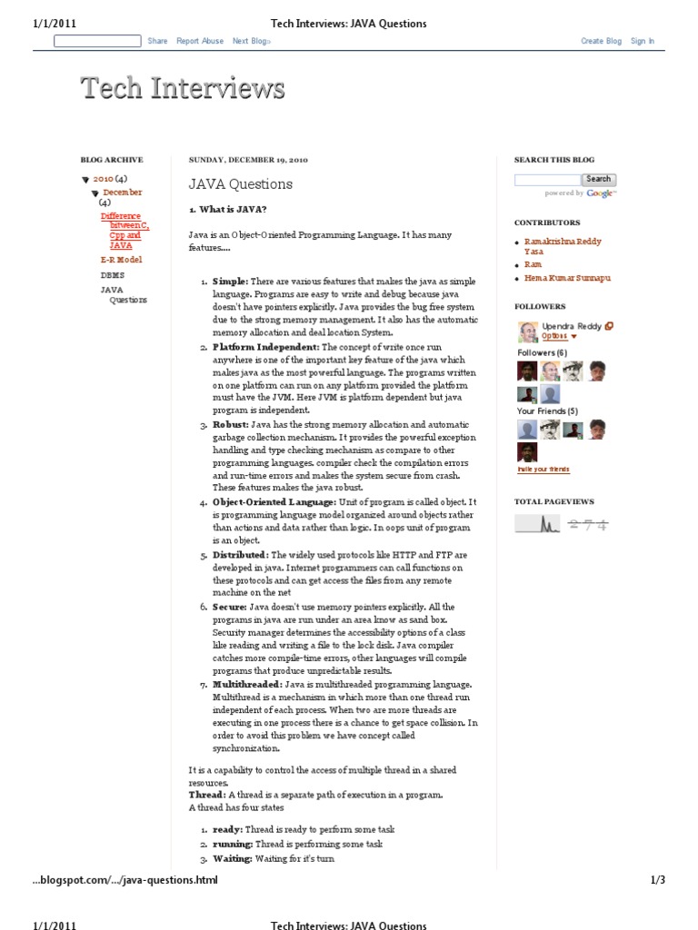 1/1/2011 Tech Interviews: JAVA Questions | Download Free PDF ...