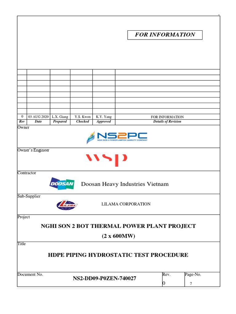 NS2DD09P0ZEN740027 HDPE Piping Hydrostatic Test Procedure PDF Personal Protective