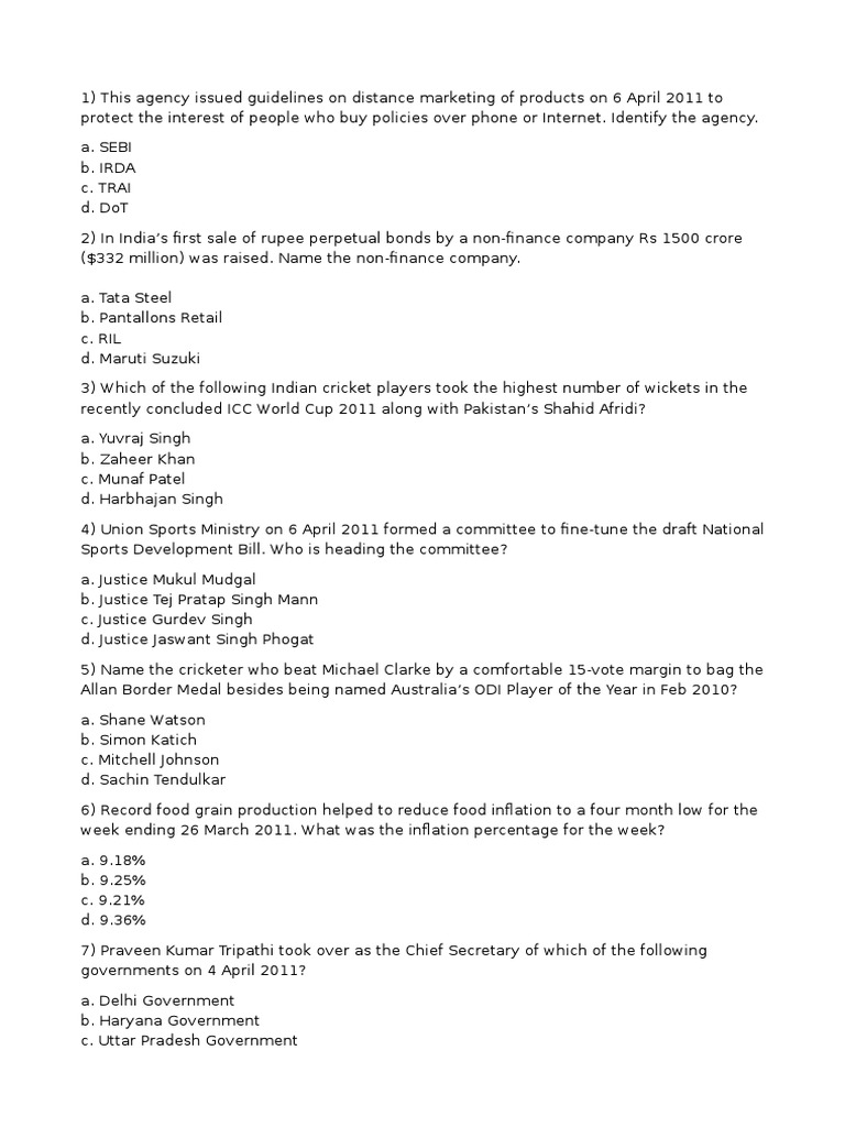 General Awareness 3 PDF | PDF | Cricket | Sports