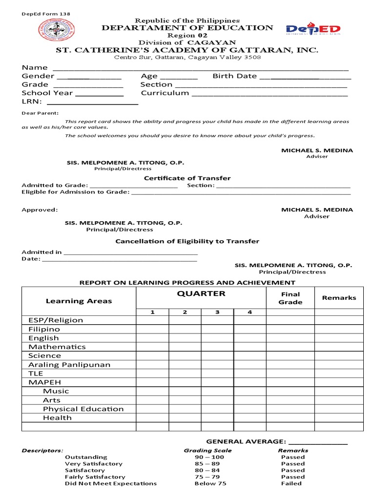 DepEd Form 138 Kto12 Revised 2015 | PDF | Behavior Modification | Learning