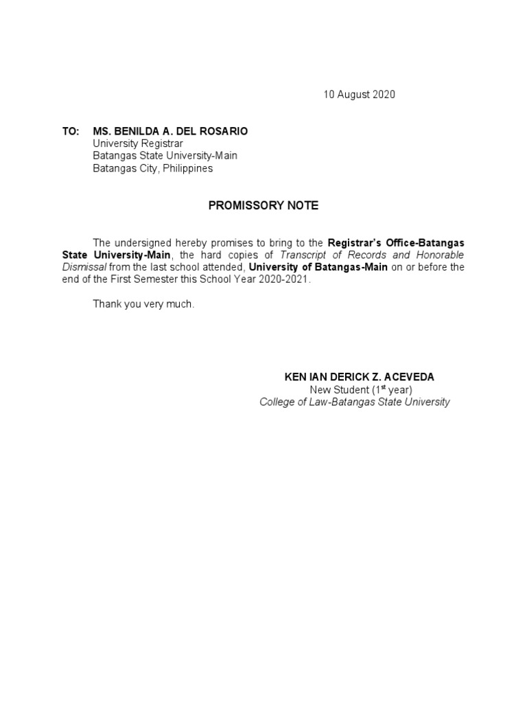 Promissory Note for Honorable Dismissal | PDF