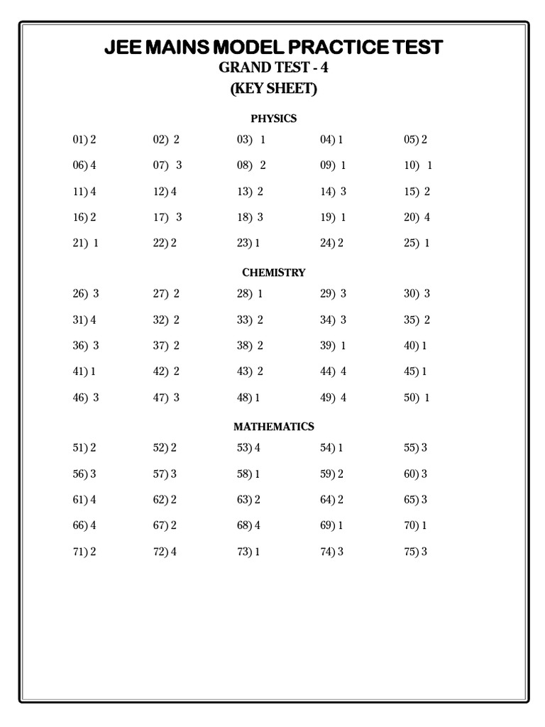 JEE Mains Grand Test 4 Answer Key | PDF | Photon | Mole (Unit)