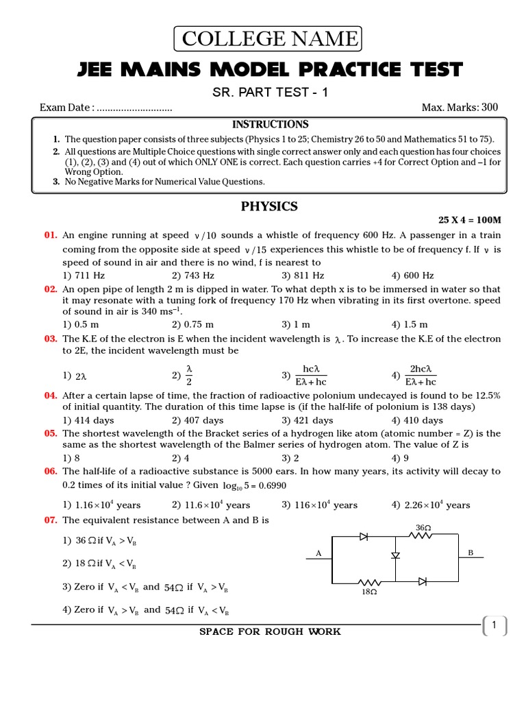 JEE MAINS MODEL PRACTICE TEST | PDF | Adsorption | Frequency