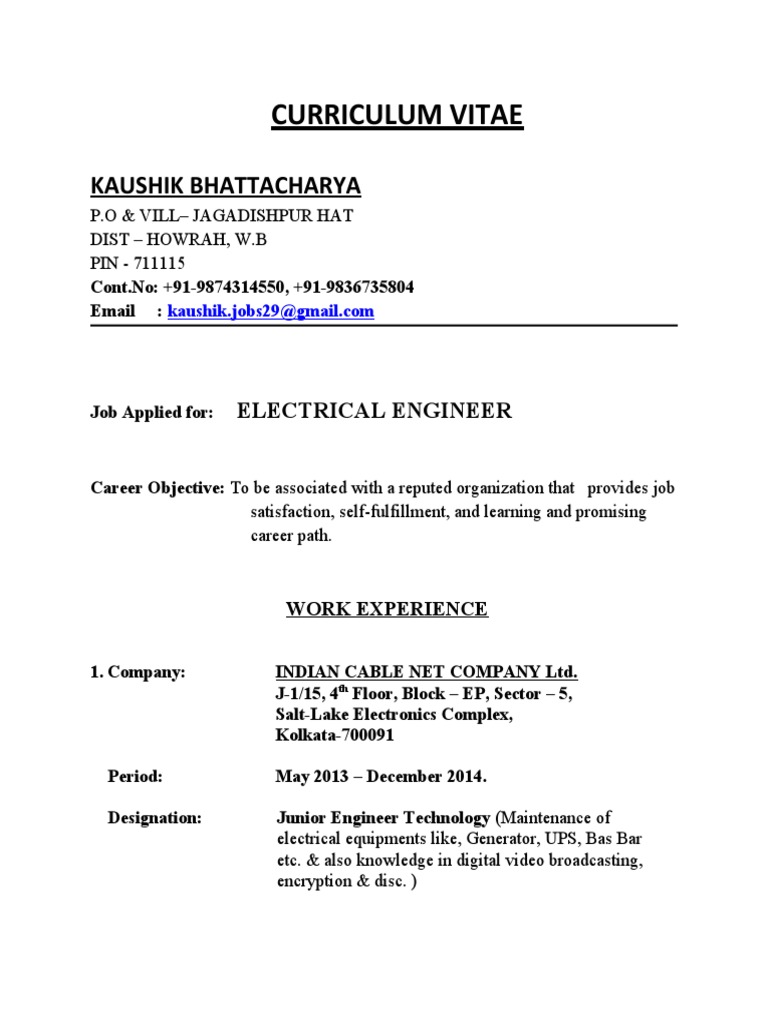 Kaushik Bhattacharya's CV for Engineer Role | PDF | Engineer | Engineering