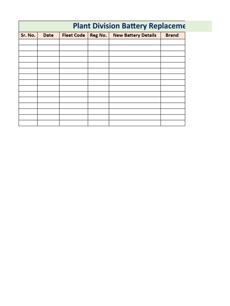 Plant Division Battery Replacement Form: Sr. No. Date Fleet Code Reg No ...